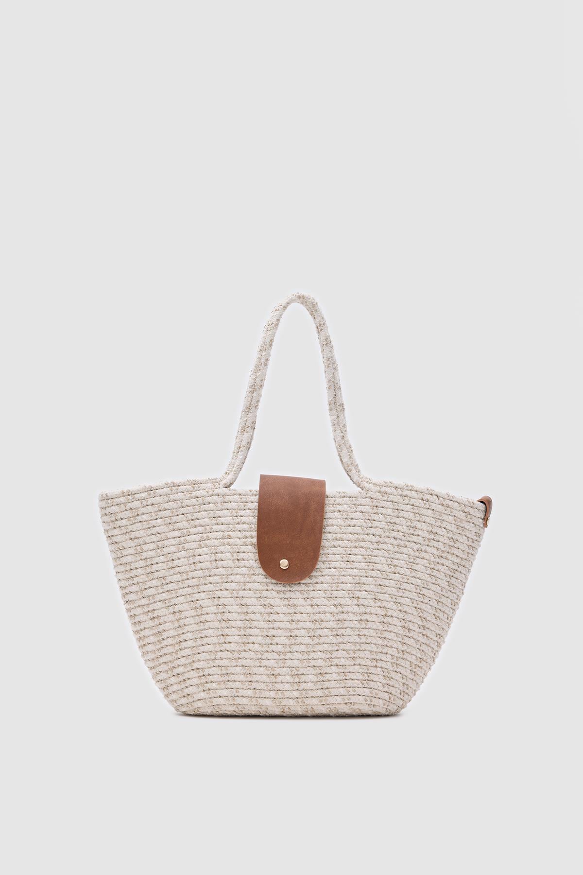 Duffy Kapaklı Handmade Hasır Tote Çanta Simli Ekru