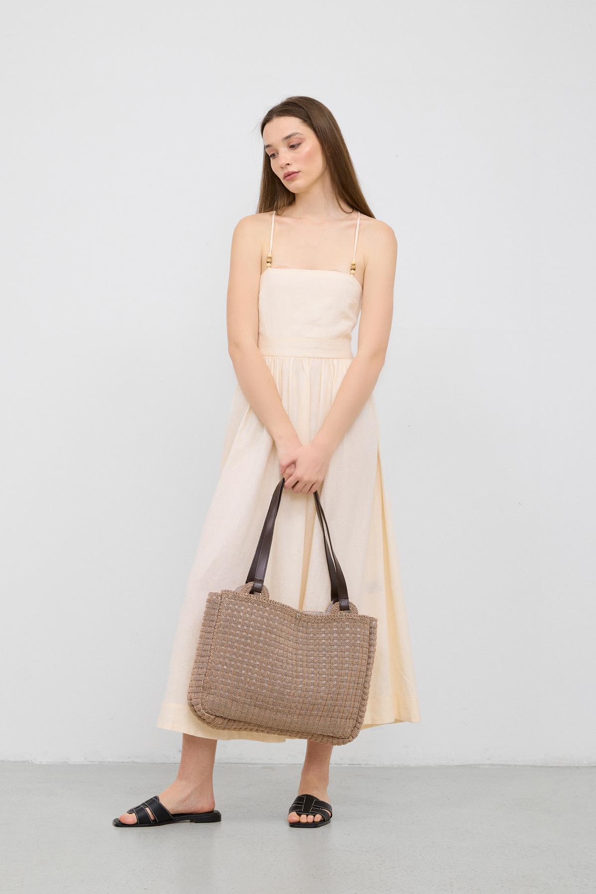 Fabri Big Size Makrome Omuz Çantası Vizon