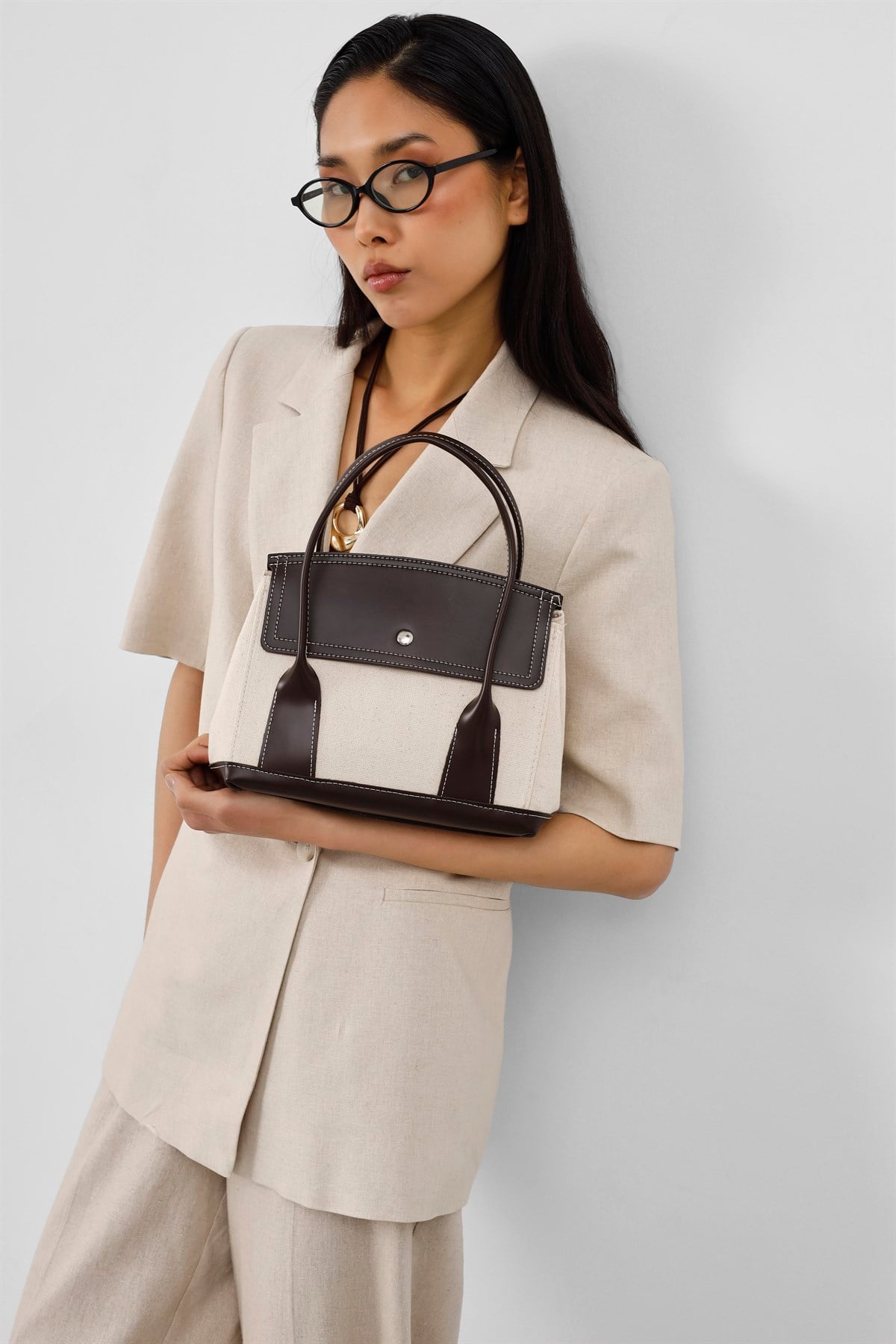 Suede Garnili Kanvas El ve Çapraz Kahve