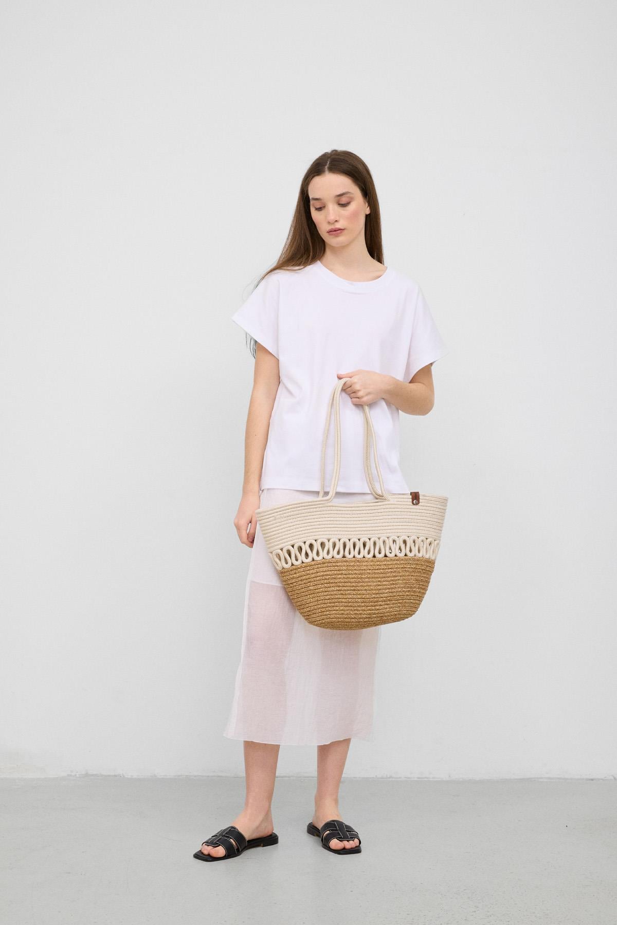 Miami Handmade Hasır Omuz Çantası Krem