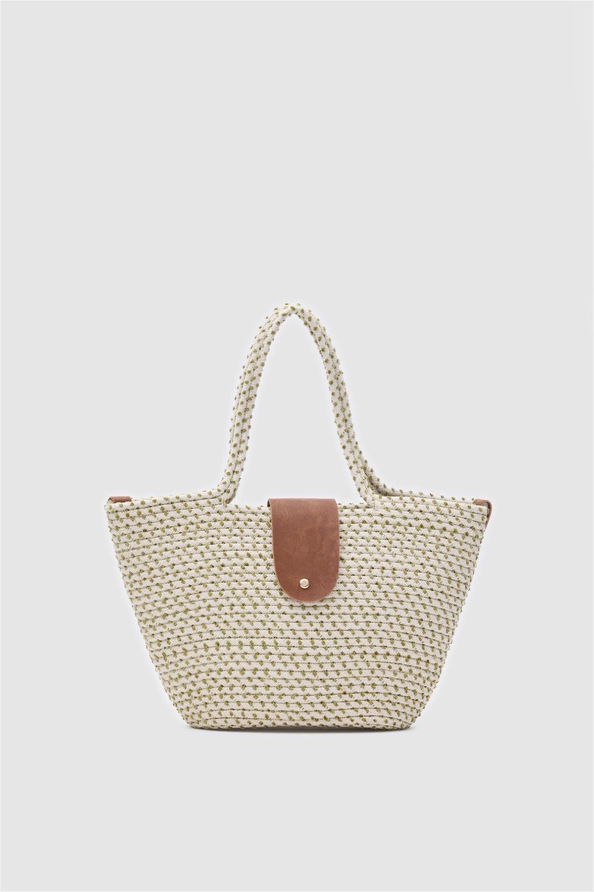 Duffy Kapaklı Handmade Hasır Tote Çanta Haki Yeşil