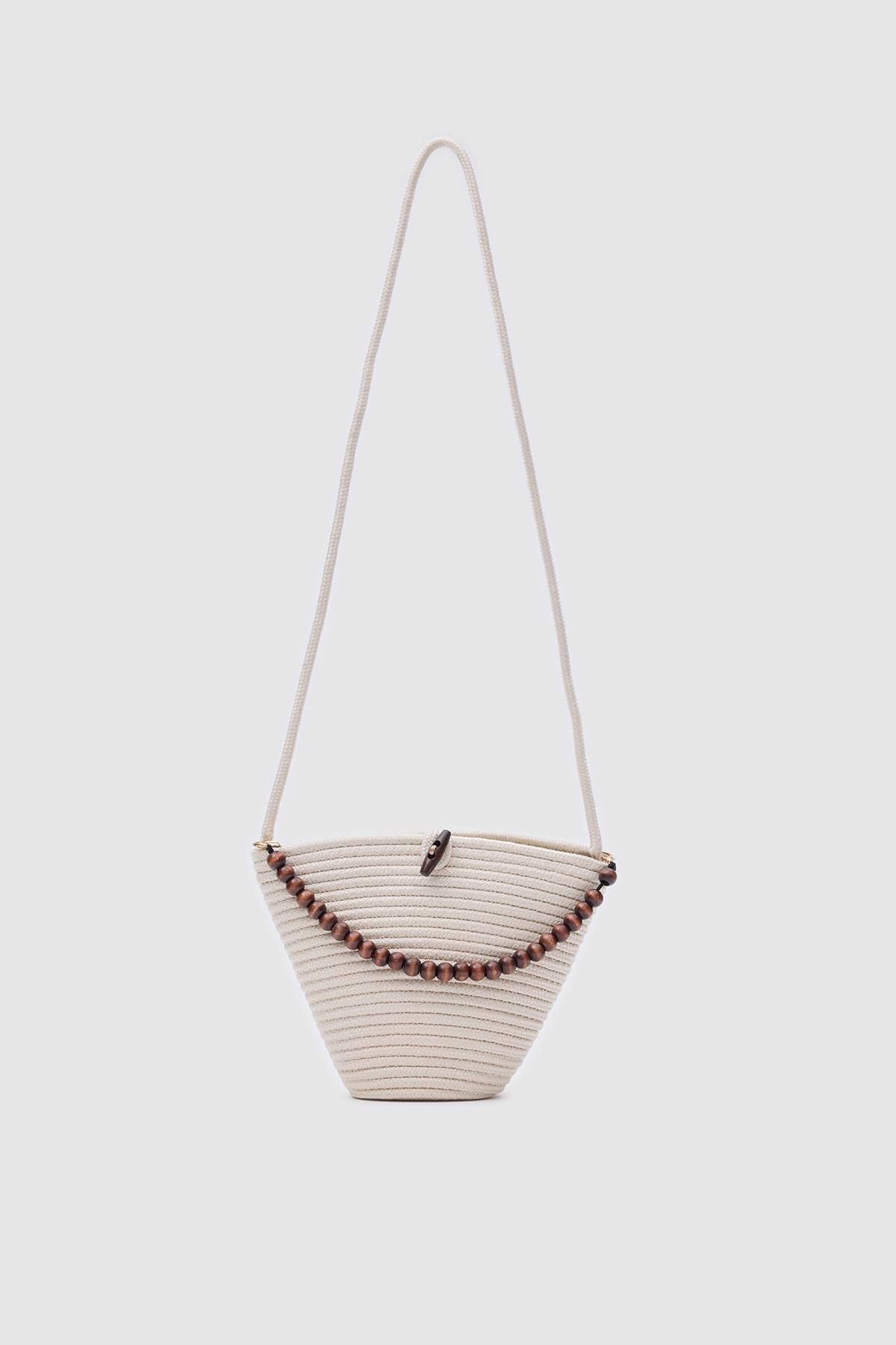 Piccolo Handmade Boncuk Detaylı Hasır Çanta Krem