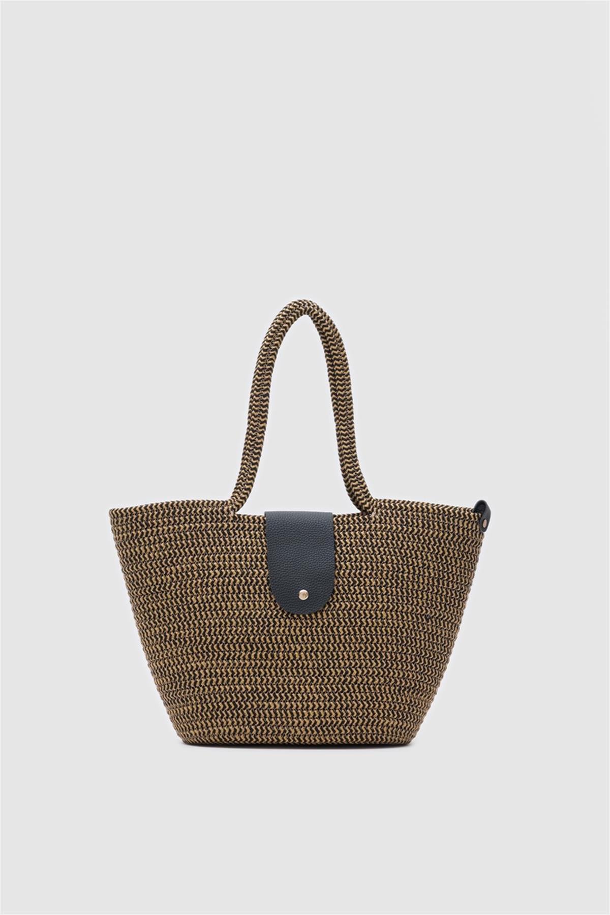 Duffy Kapaklı Handmade Hasır Tote Çanta Hardal Sarısı