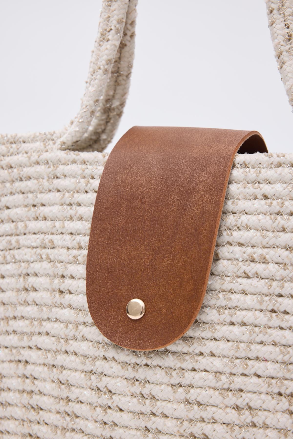 Duffy Kapaklı Handmade Hasır Tote Çanta Simli Ekru
