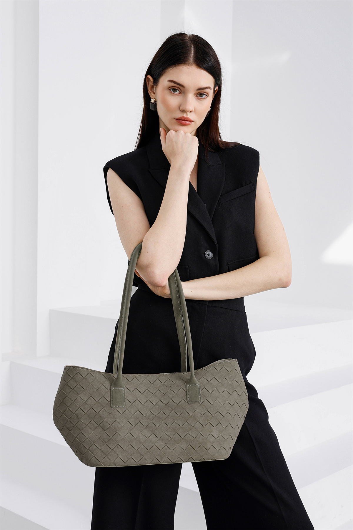 Veneta Süet Shopper Omuz Çantası Vizon
