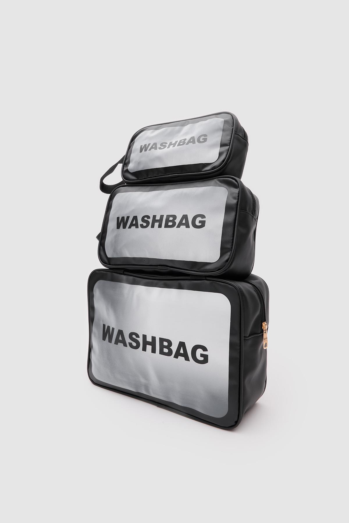 Wash Bag Su Geçirmez 3lü Kozmetik Çantası Siyah
