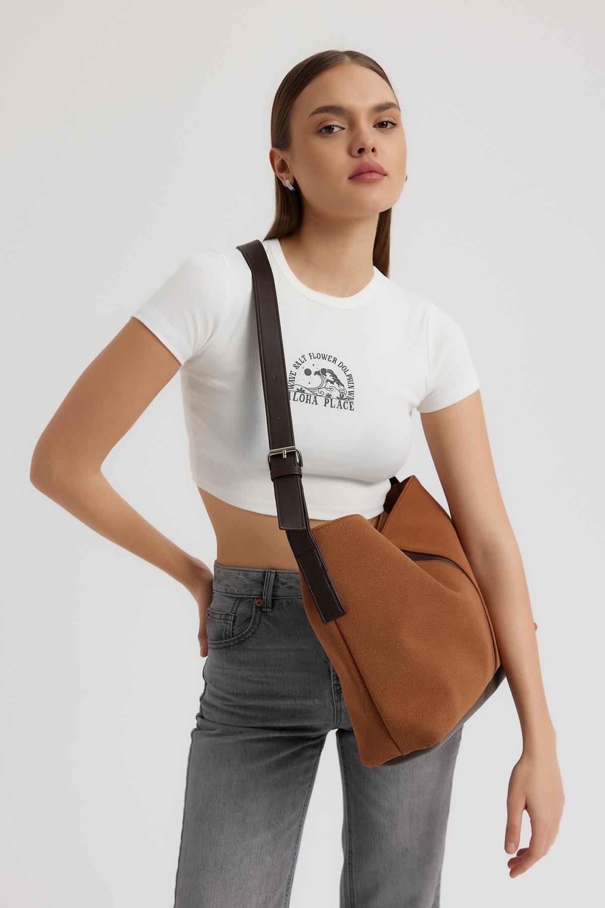 Agatha Süet Omuz Çantası Taba | Shule Bags