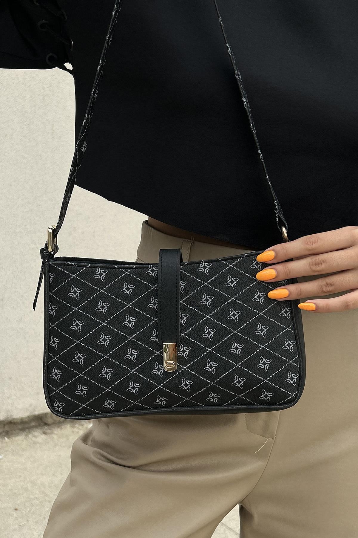 Tokalı Desenli Baget Çanta Bella Siyah - Shule Bags