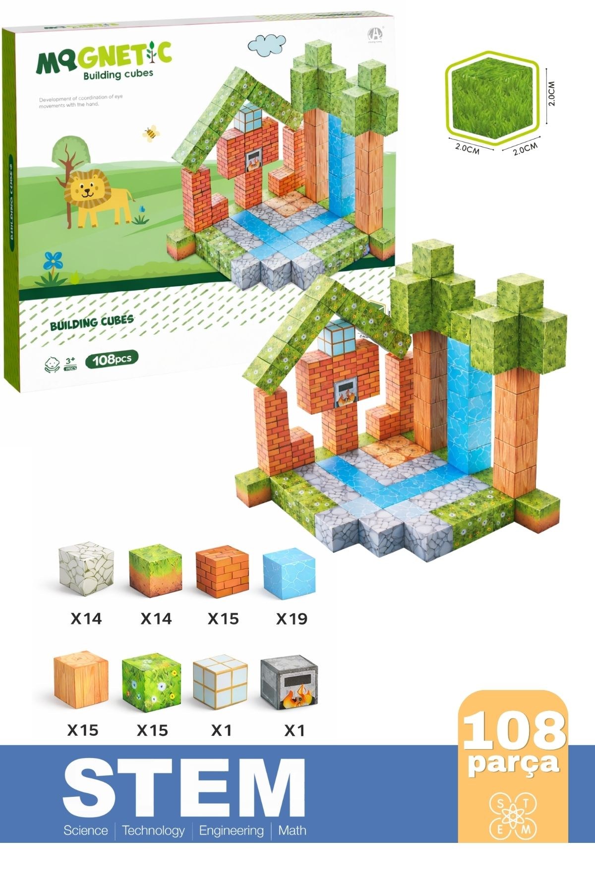 108 Parça Manyetik Yapı Blokları - Mıknatıslı Minecraft Küp 3D STEM Eğitici Oyuncak Seti