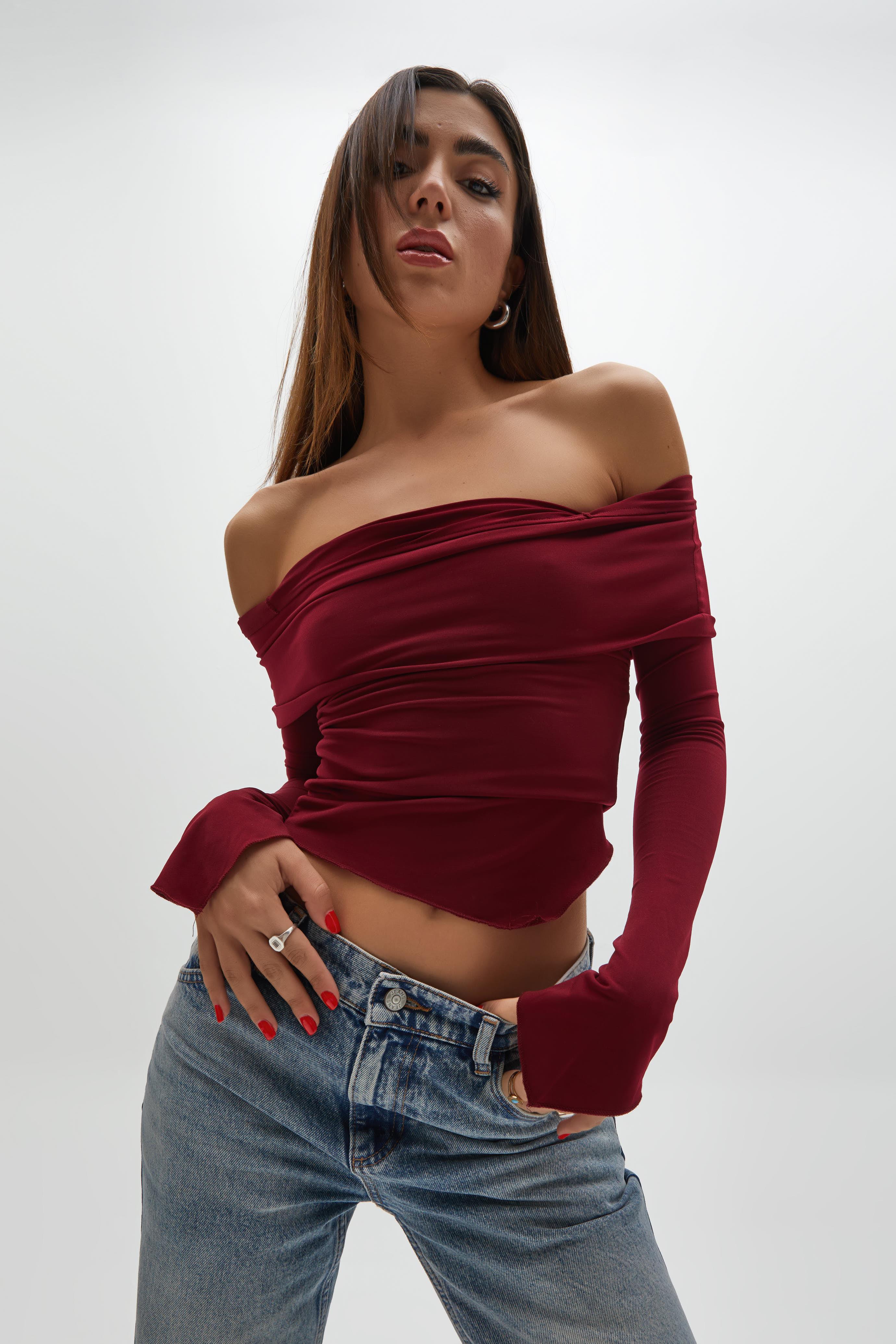 Bordo Asimetrik Kesim Bluz 