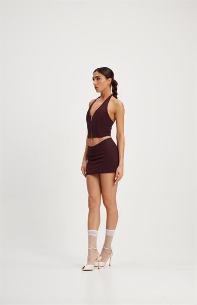 Bordo Düşük Bel Şortlu Etek