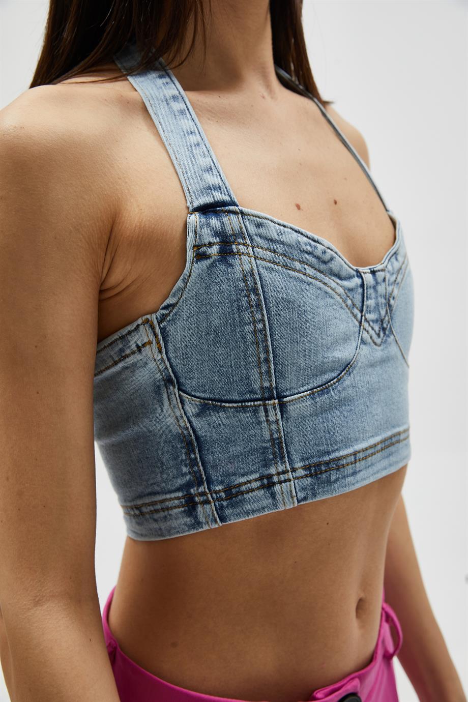 Boyundan Bağlamalı Denim Top