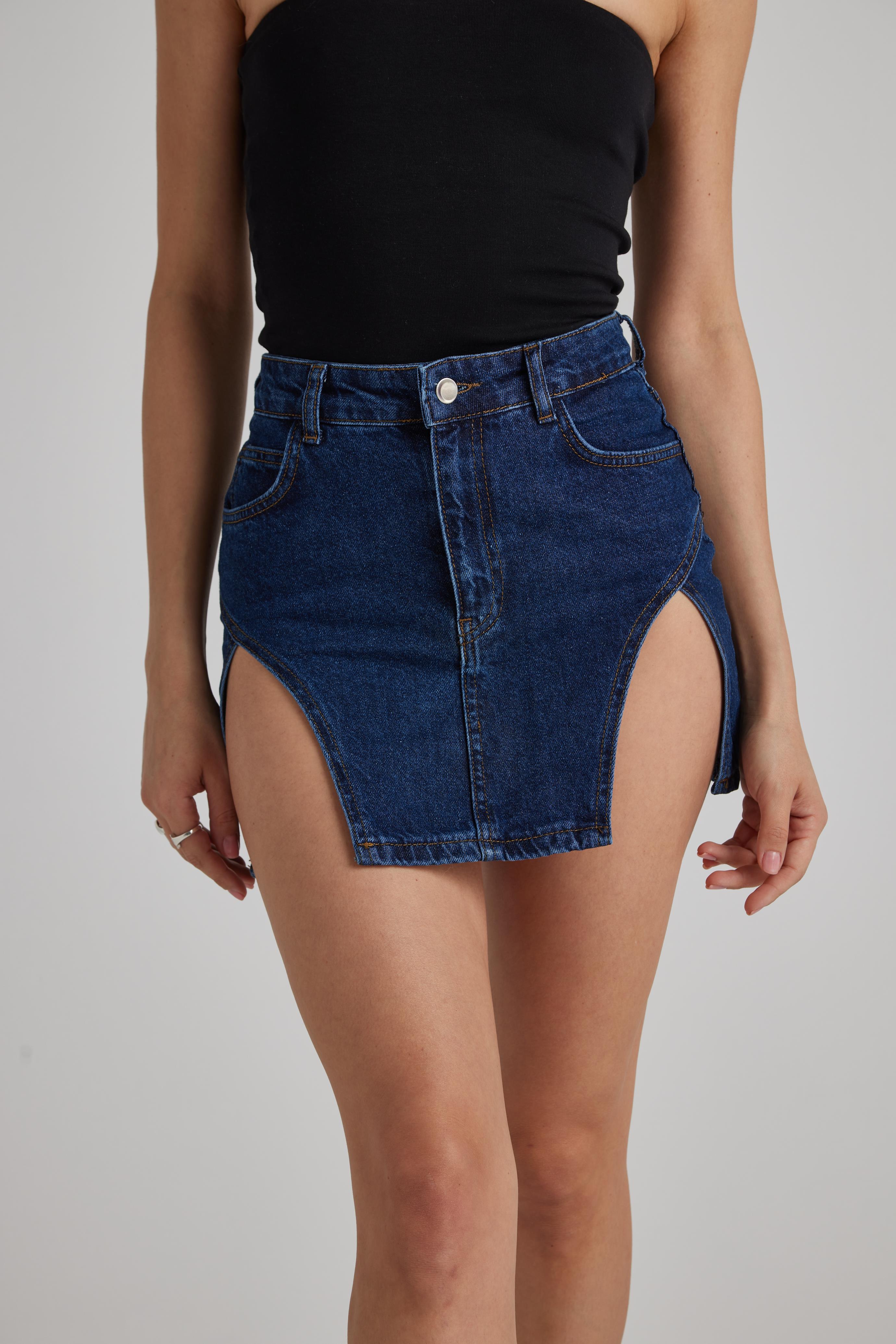 Çift Yırtmaç Mini Denim Etek 