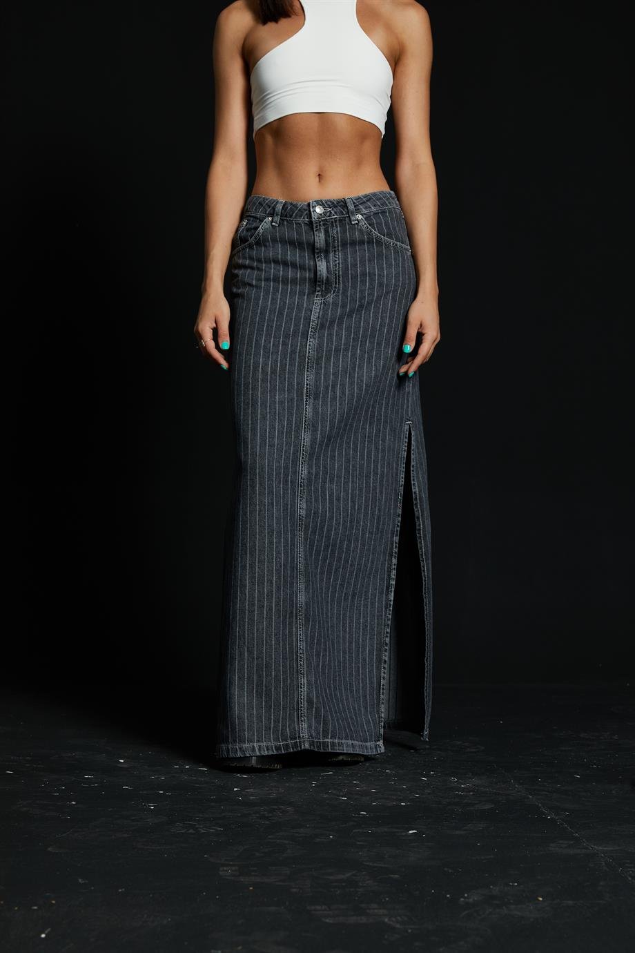 Çizgili Maxi Denim Etek