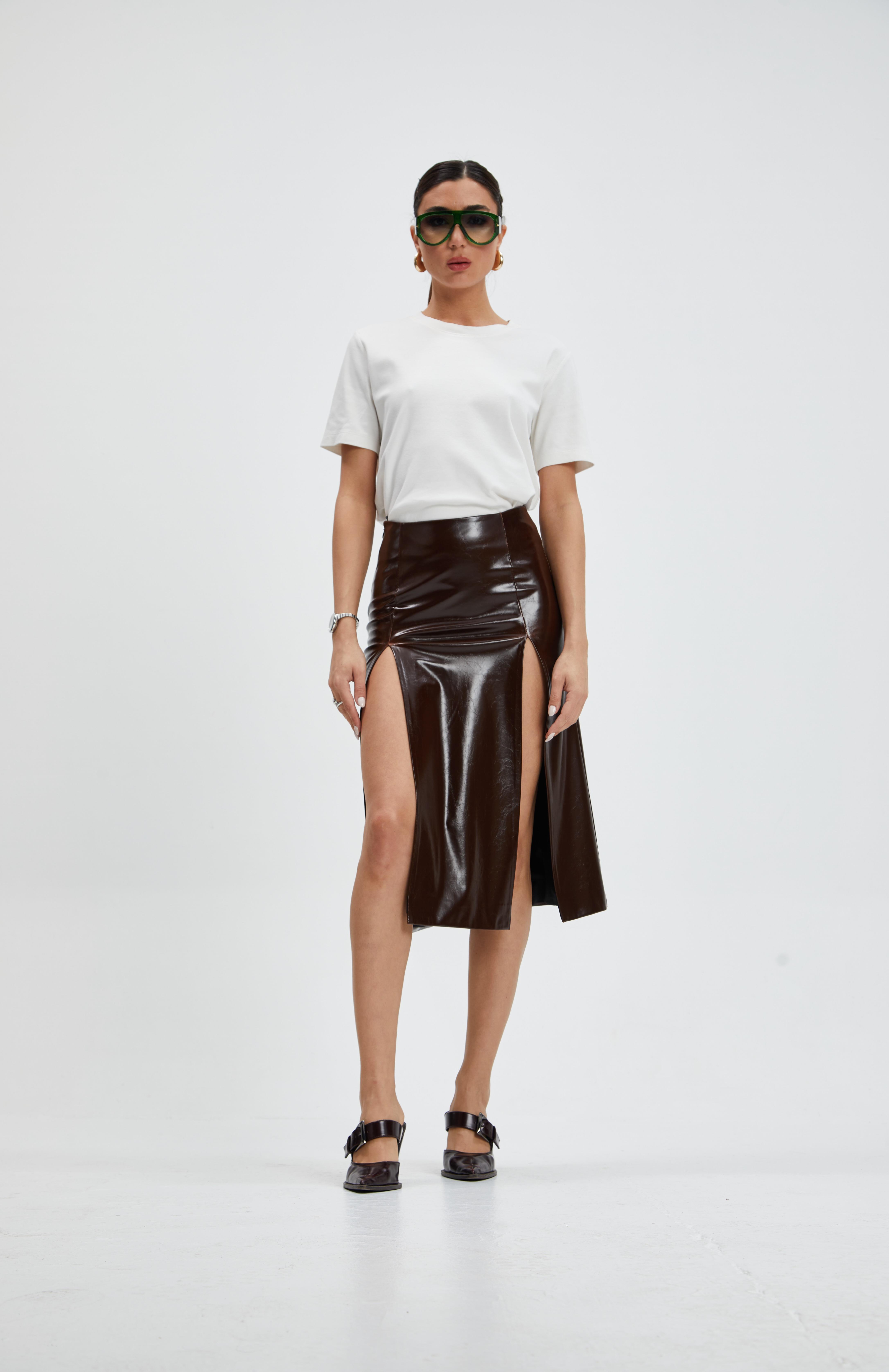 Kahve Çift Yırtmaçlı Midi Etek