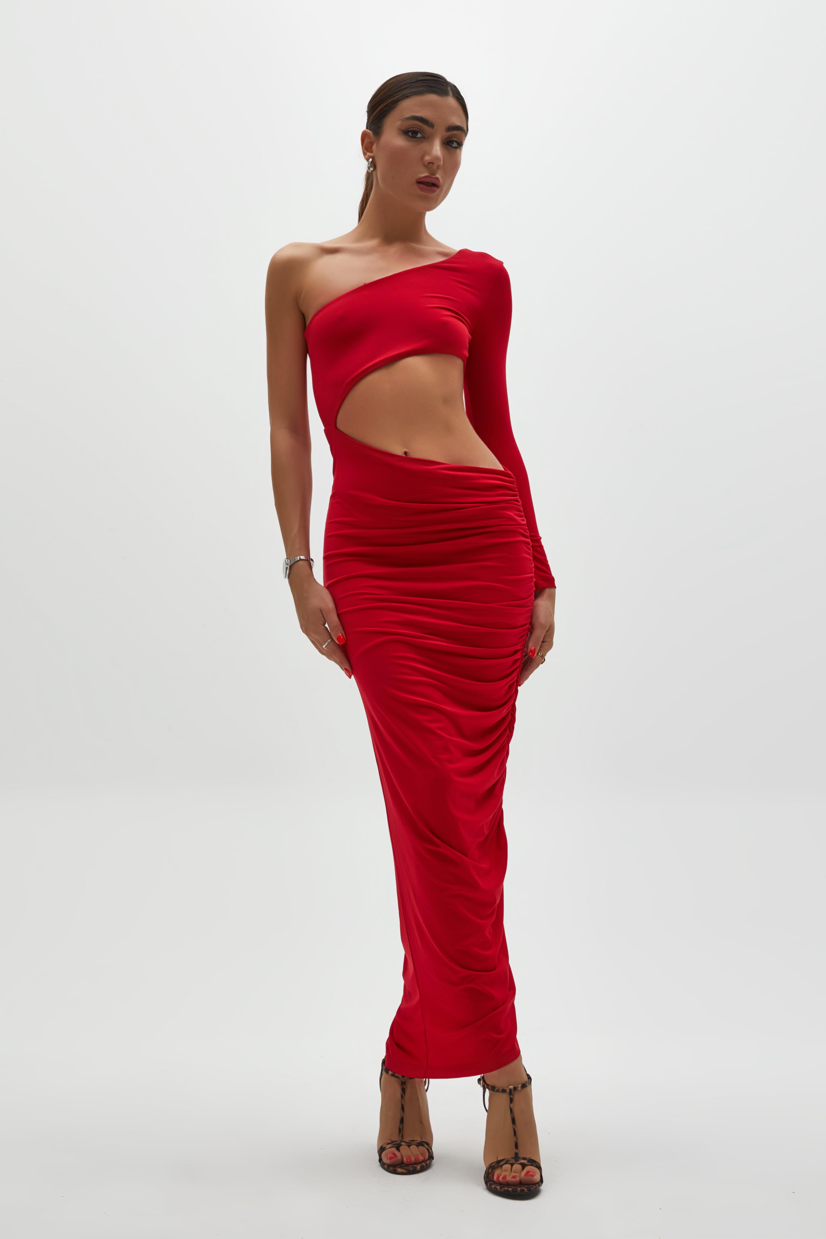 Kırmızı Bel Dekolteli Maxi Elbise 