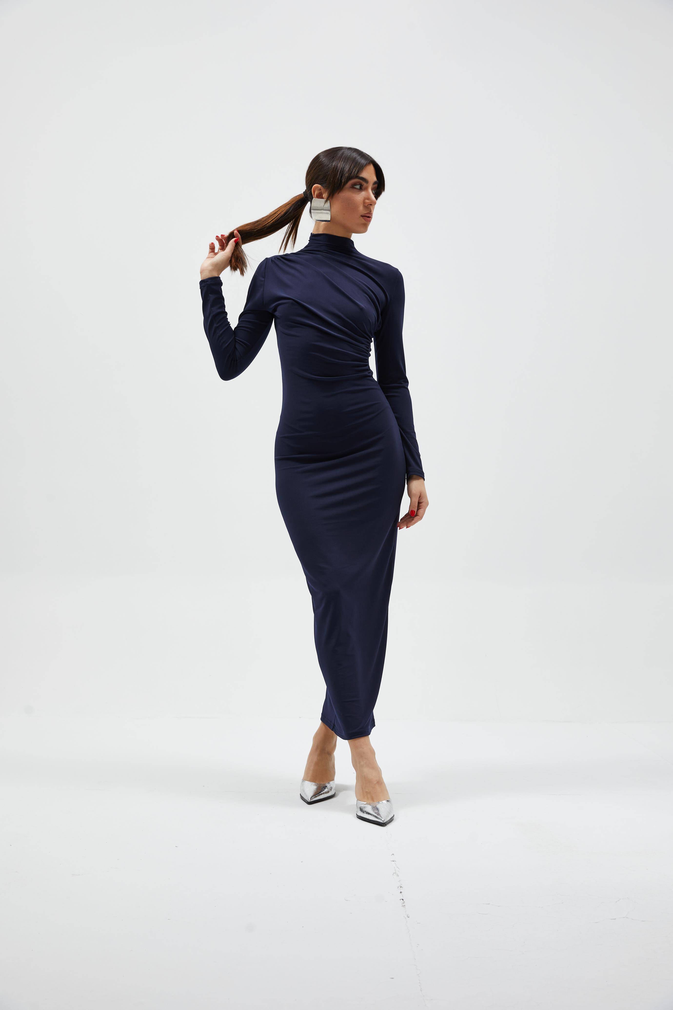 Lacivert Drape Detaylı Elbise