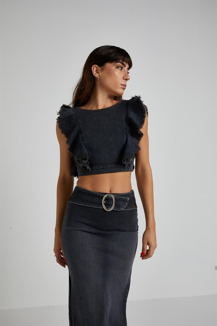 Volanlı Denim Top