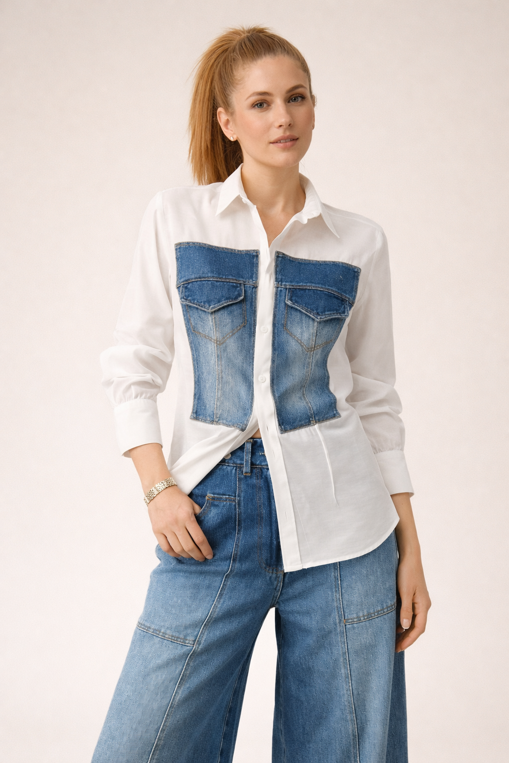 Modern Denim Detaylı Beyaz Gömlek