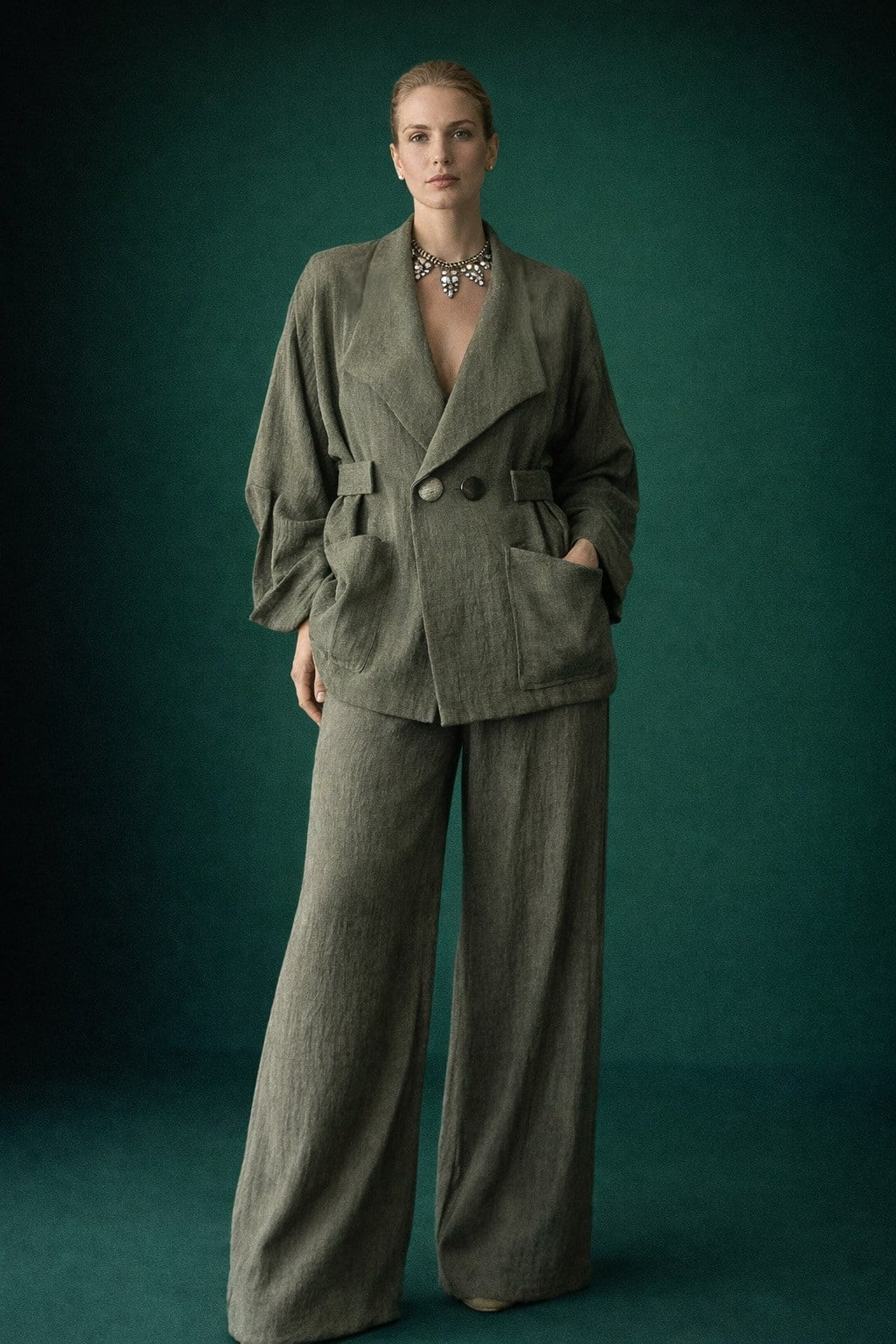 Yeşil Keten Oversize Takım