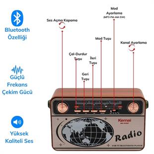 BUFFER® 503B Dekoratif Eskitme Nostalji Uzaktan Kumandalı Radyo Usb/Aux/Hafıza Kartı/Bluetooth/Şarjl