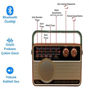 BUFFER® 506B Dekoratif Eskitme Nostalji Uzaktan Kumandalı Radyo Usb/Aux/Hafıza Kartı/Bluetooth/Şarjl