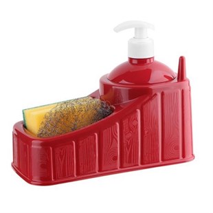 BUFFER® Plastik Sünger Ve Tel Hazneli Set Kırmızı sıvı Sabunluk Tel Ve Sünger Hediyeli