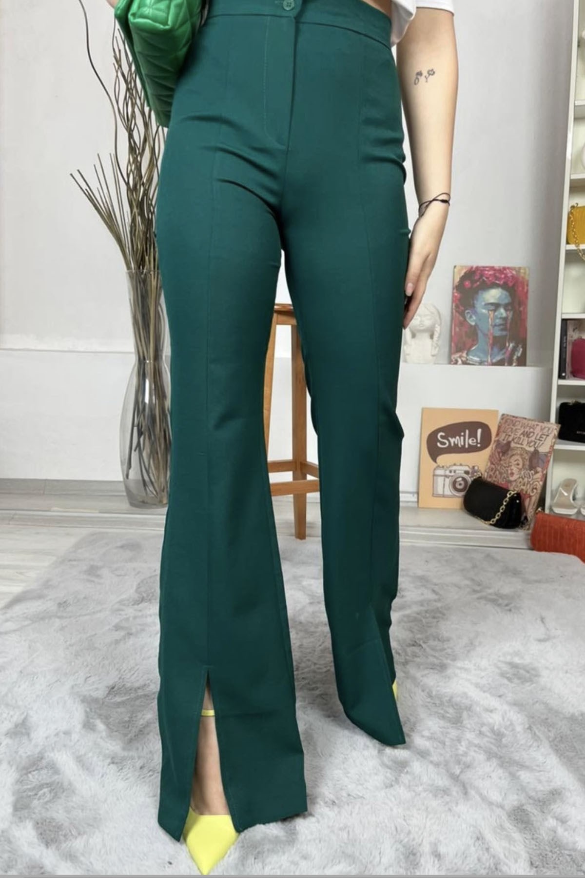 İspanyol Paça Yırtmaçlı Pantolon Koyu Yeşil