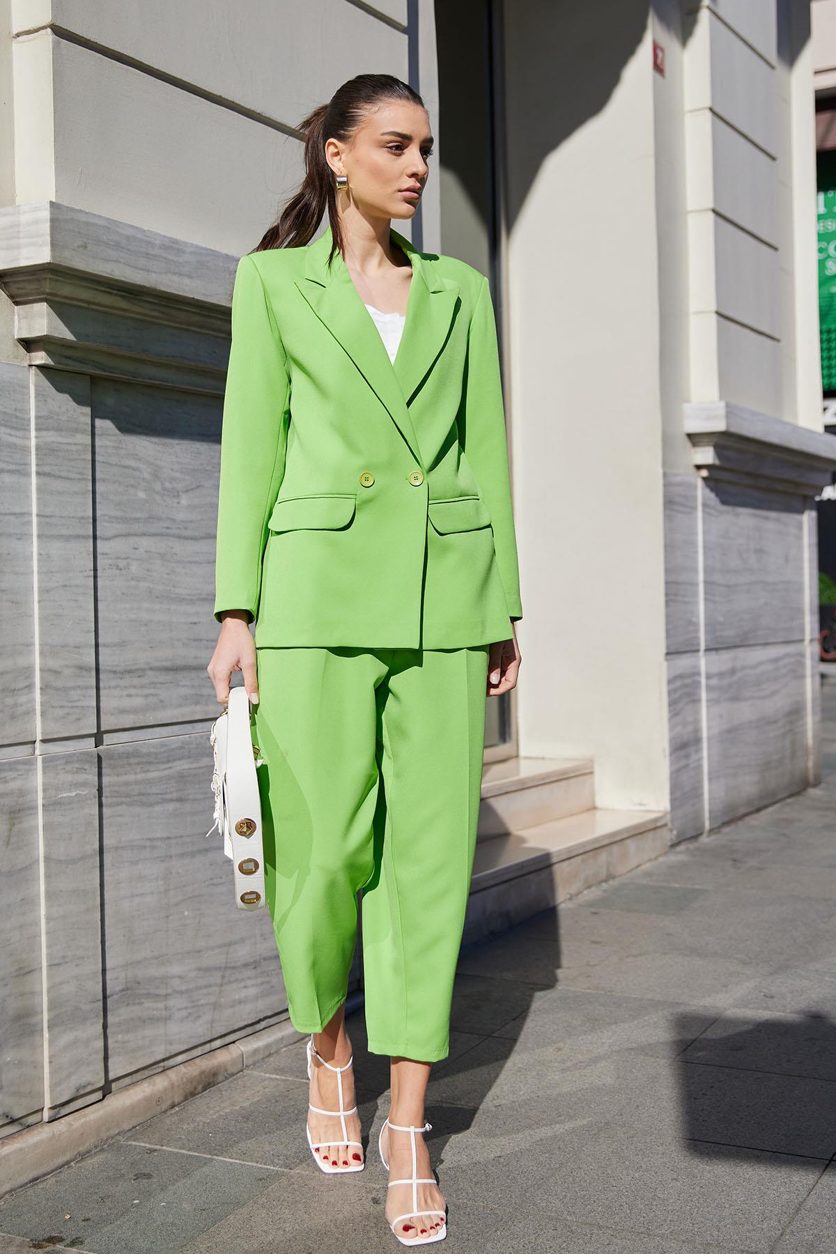 Kruvaze Blazer Ceket Pantolon Takım Fıstık Yeşil Fıstık Yeşil