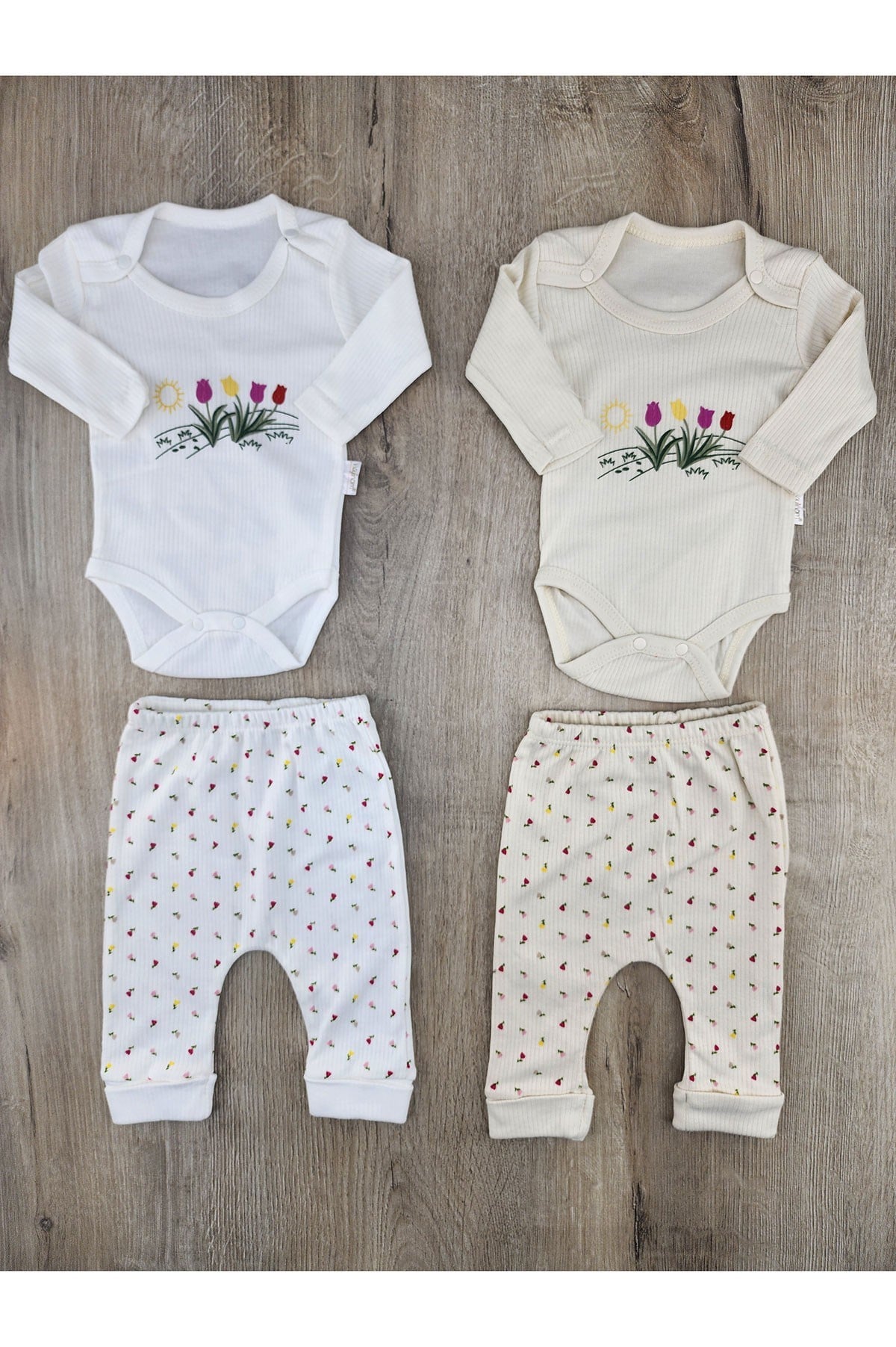 #260430 (0-9 Ay) Renkli Lale Desenli Çıtçıtlı Badili Takım