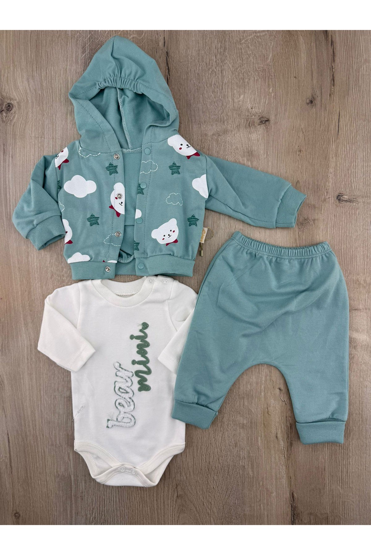 #260458 (0-9 Ay) Mini Bear Desenli Hırkalı 3Lü Takım