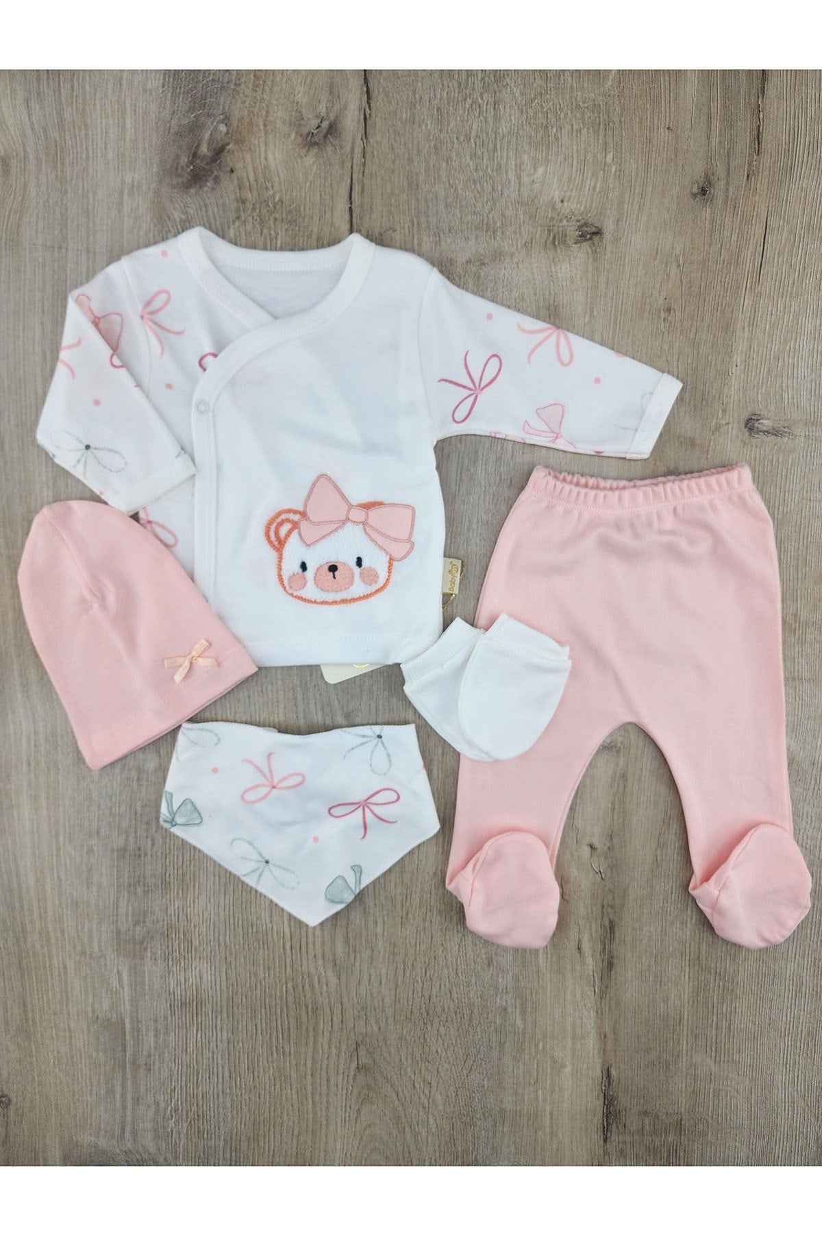 Babyim (0-3 Ay) Fiyonklu Ayıcık Desenli Zıbın Takımı