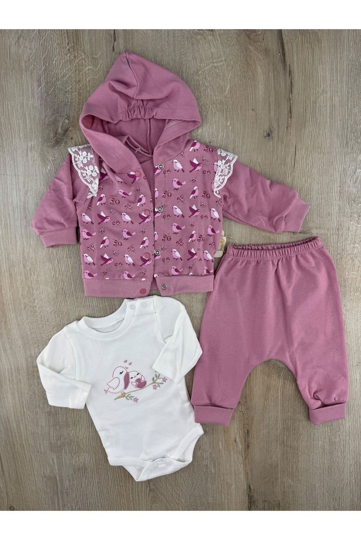 Babyim (0-9 Ay) Daldaki Kuş Desenli Hırkalı 3Lü Takım