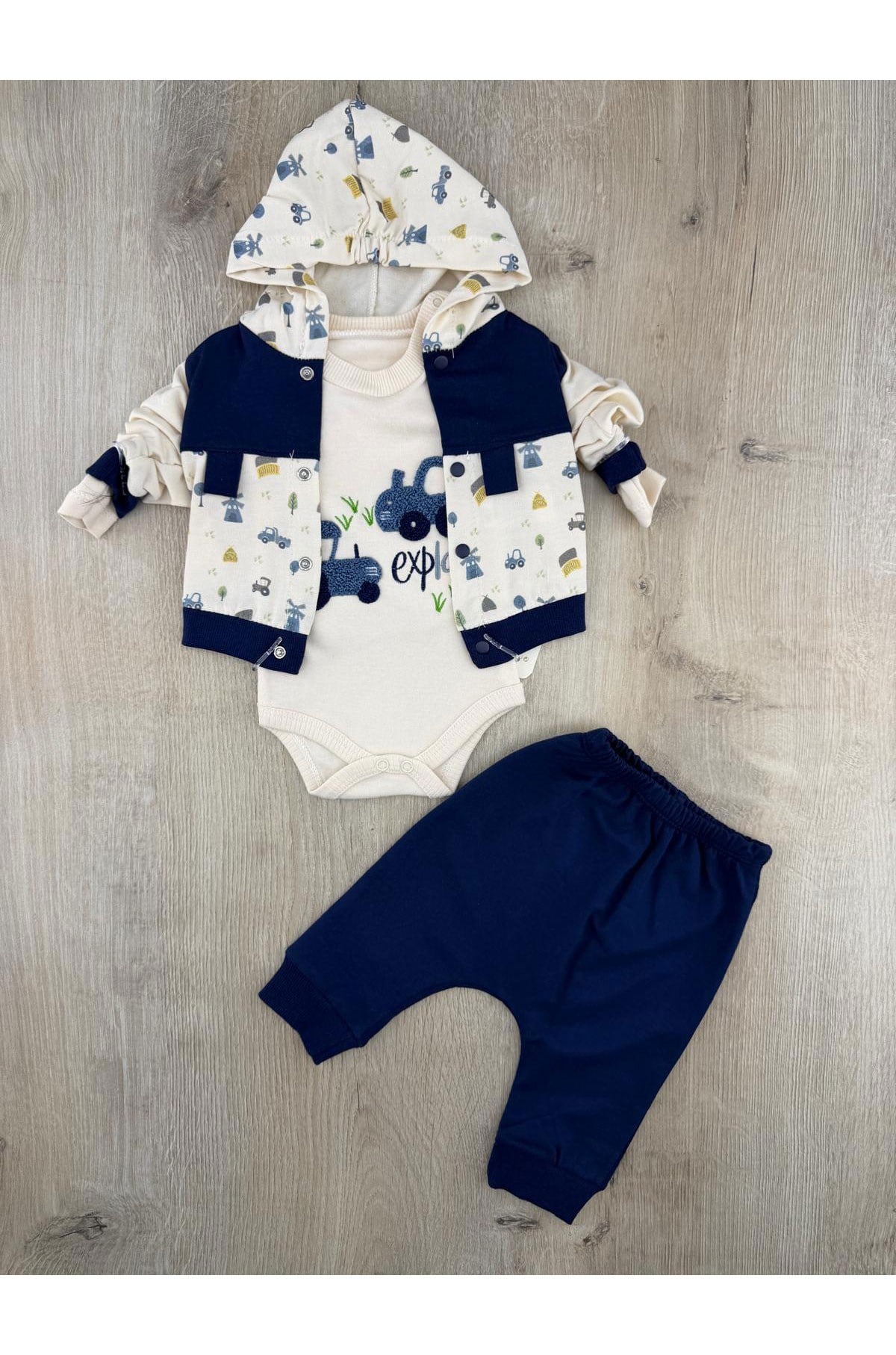 Babyim (0-9 Ay) Explore Araba Desenli 3Lü Hırkalı Takım