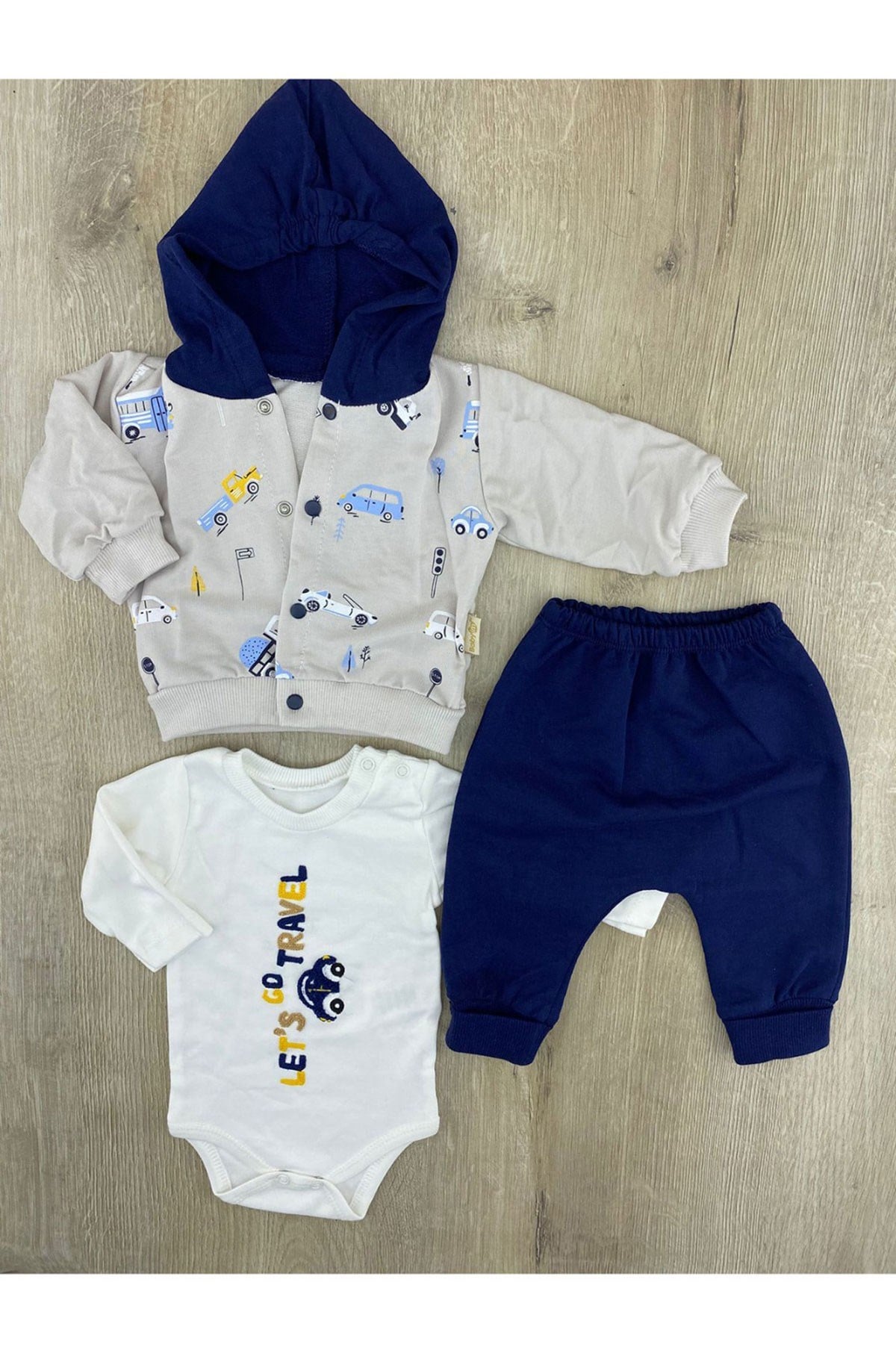 Babyim (0-9 Ay) Lets Travel Desenli Hırkalı 3Lü Takım