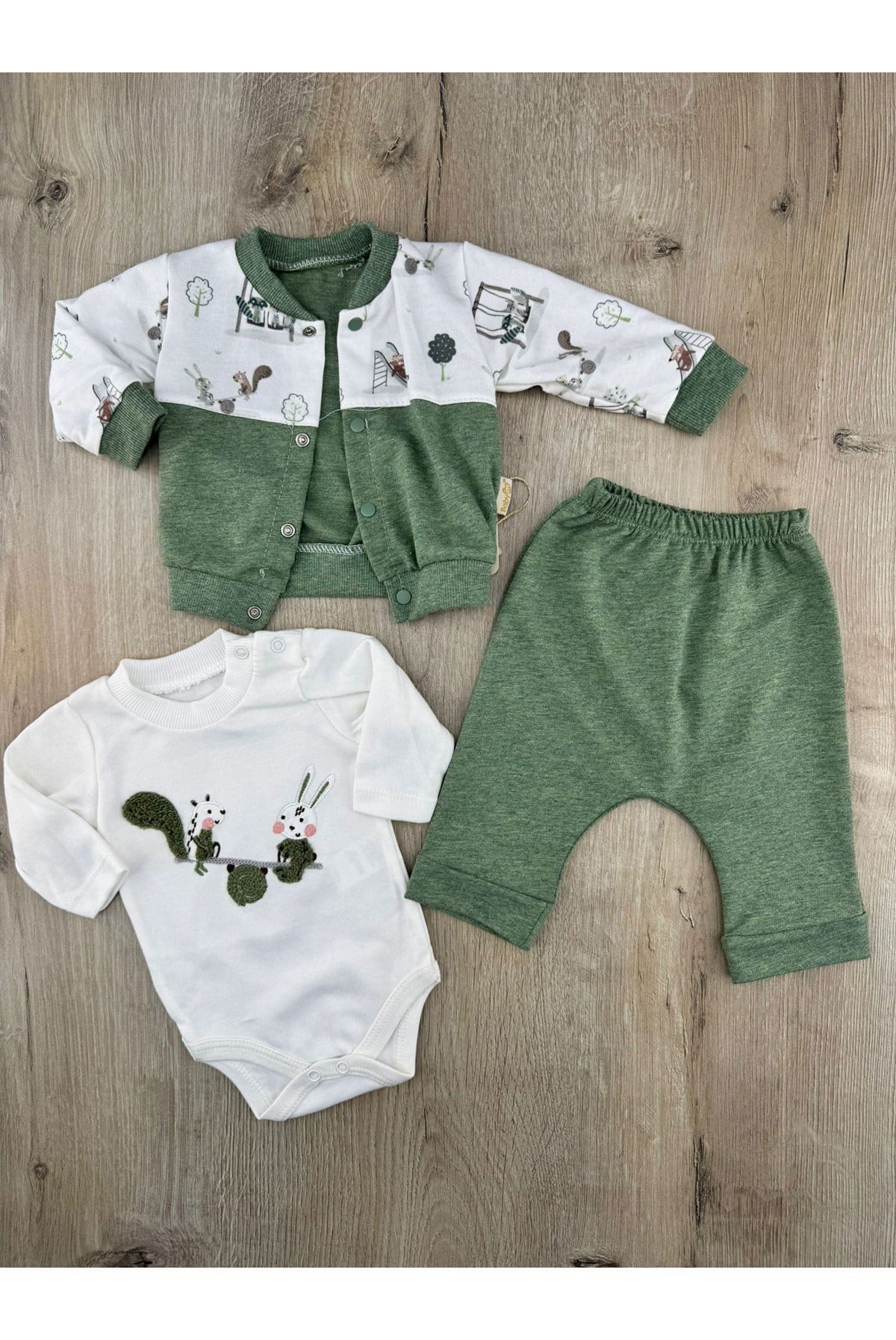 Babyim 2239 (0-9 Ay) Sincap Tavşan Desenli Hırkalı 3Lü Takım