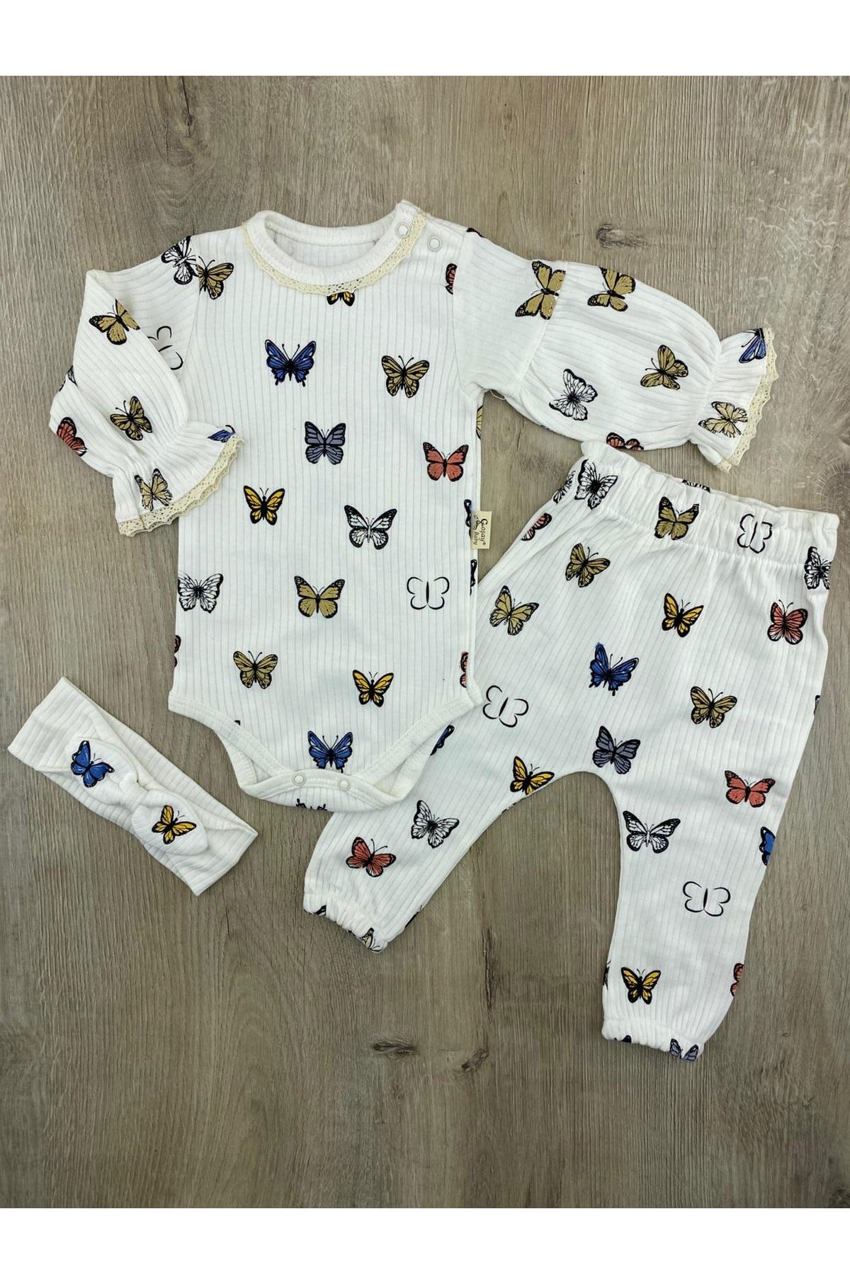 Coşay (3-12 Ay) Kelebek Desenli Saç Bantlı Çıtçıtlı Badili Takım