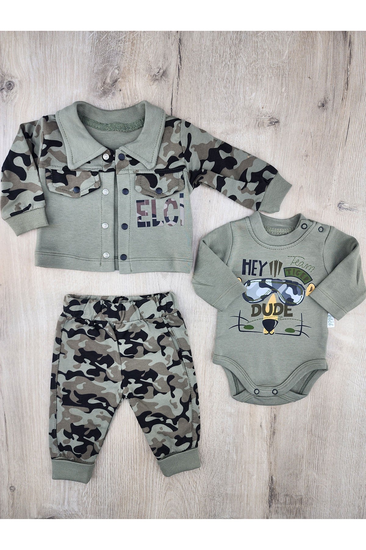 Elci Baby (0-9 Ay) Cep Kapaklı Kamuflaj Desenli Hırkalı 3Lü Takım