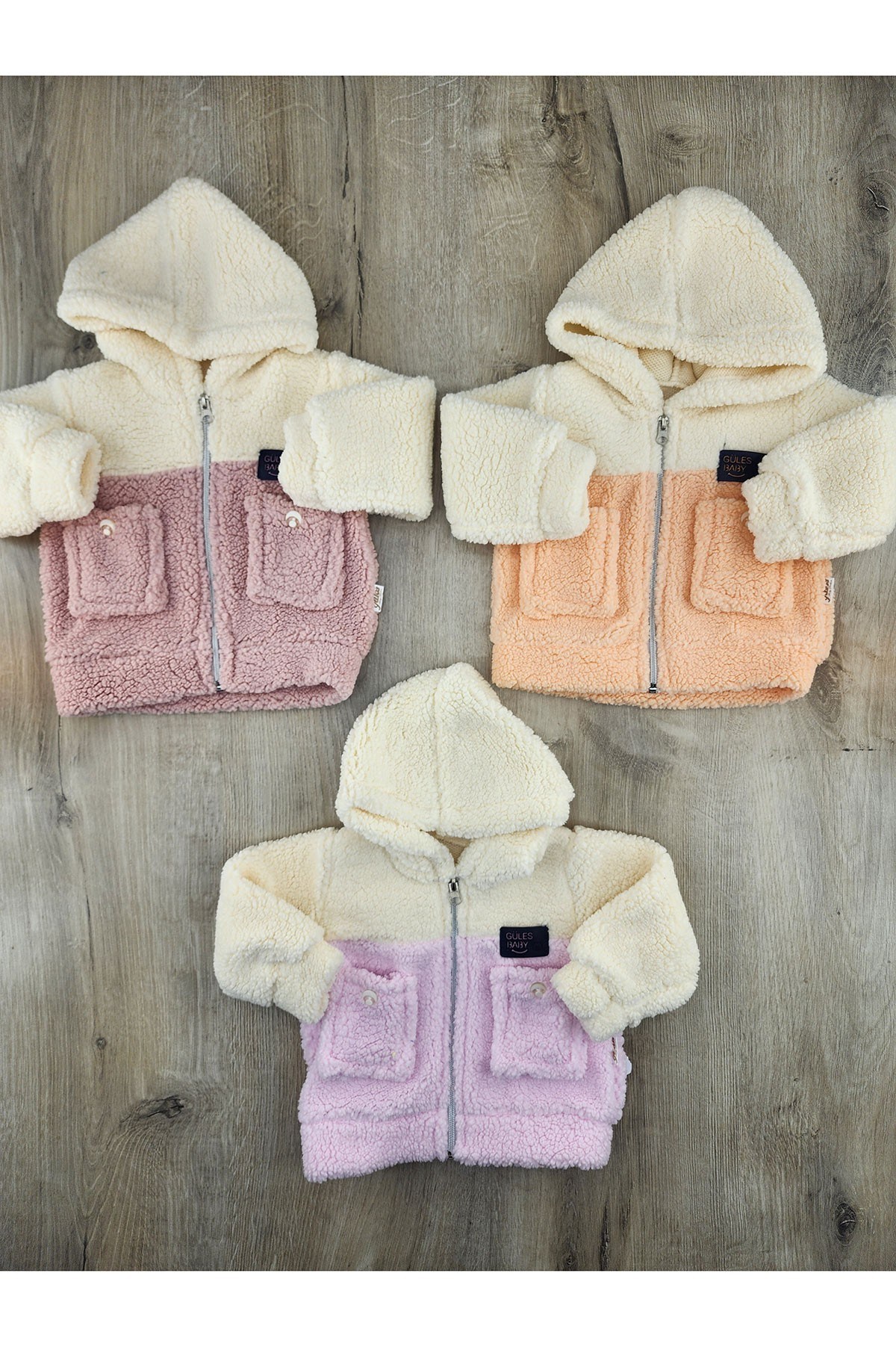 Güleş Bebe (9-12-18 Ay) KIZ Çift Cepli Kapşonlu Peluş Hırka