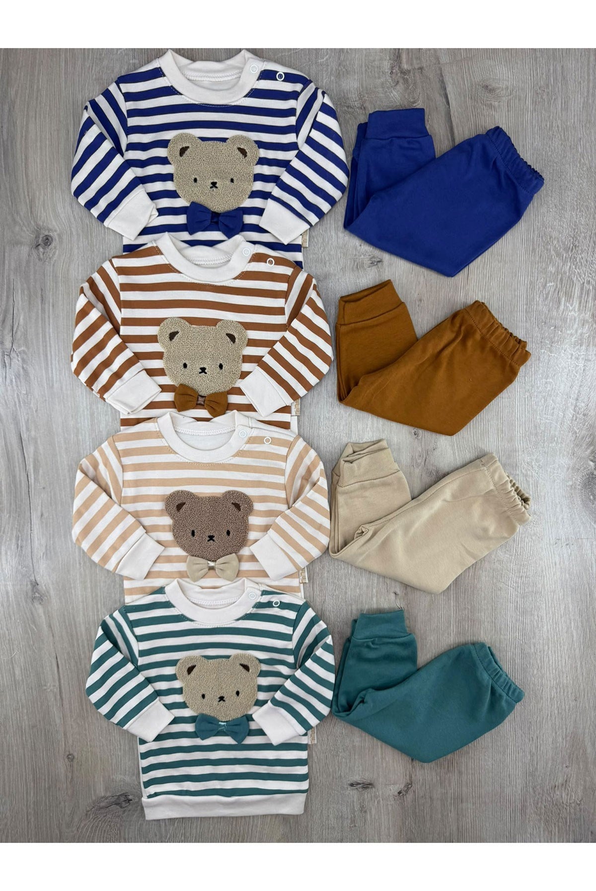Mini Mundo (9-12-18 Ay) Çizgili Papyonlu Ayıcık Desenli Mevsimlik Takım