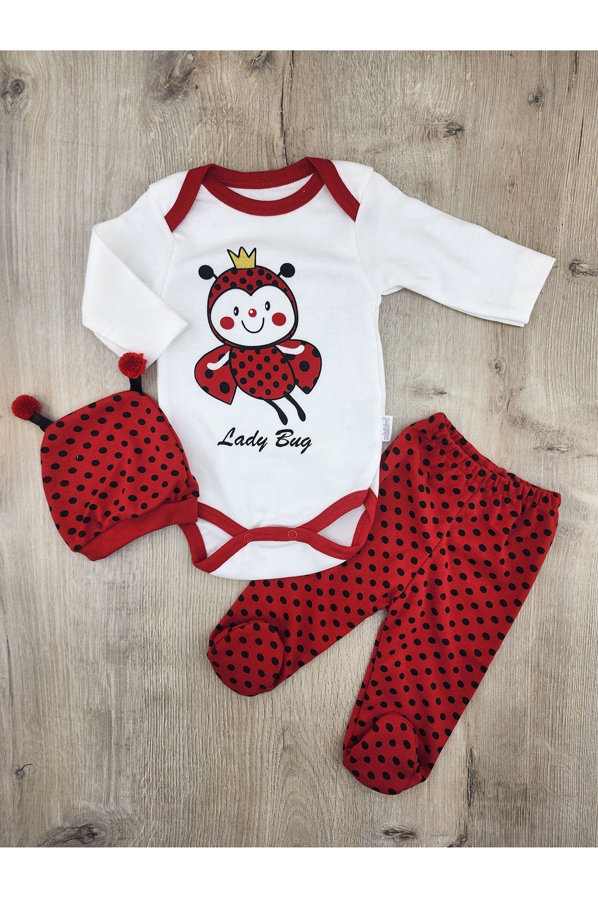 Minibird (3-9 Ay) Uğur Böceği Desenli Çıtçıtlı Badili Şapkalı Takım