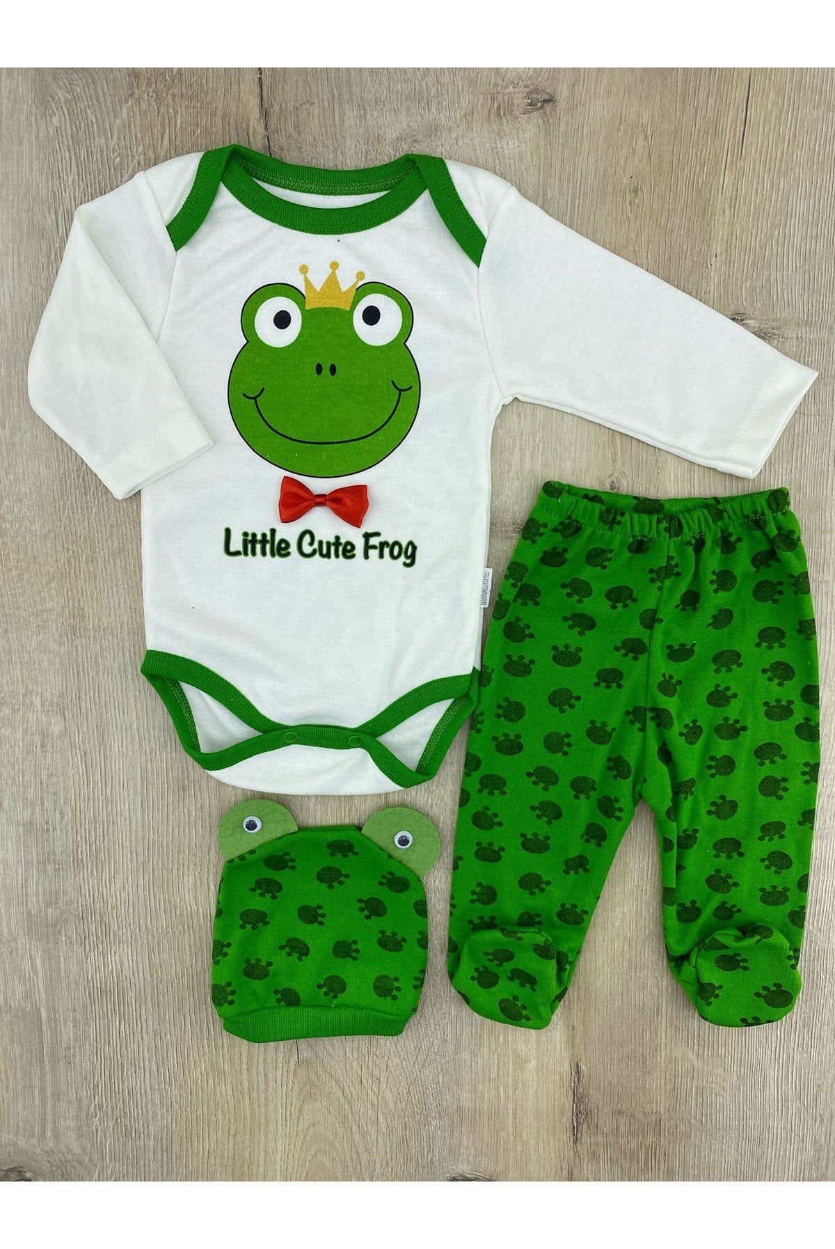 Minibird(3-6 Ay)Kurbağa Desenli Çıtçıtlı Badili Şapkalı Takım