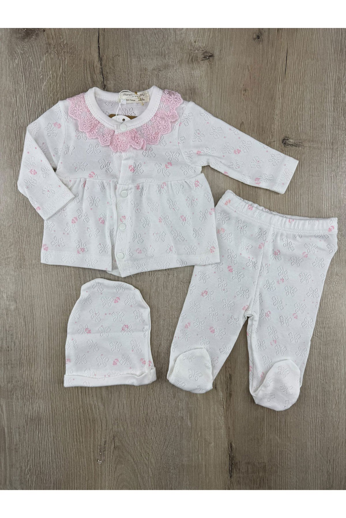 Murat Baby (0-6 Ay) Yaka Dantelli Kalp Desenli Jakarlı Zıbın Takımı