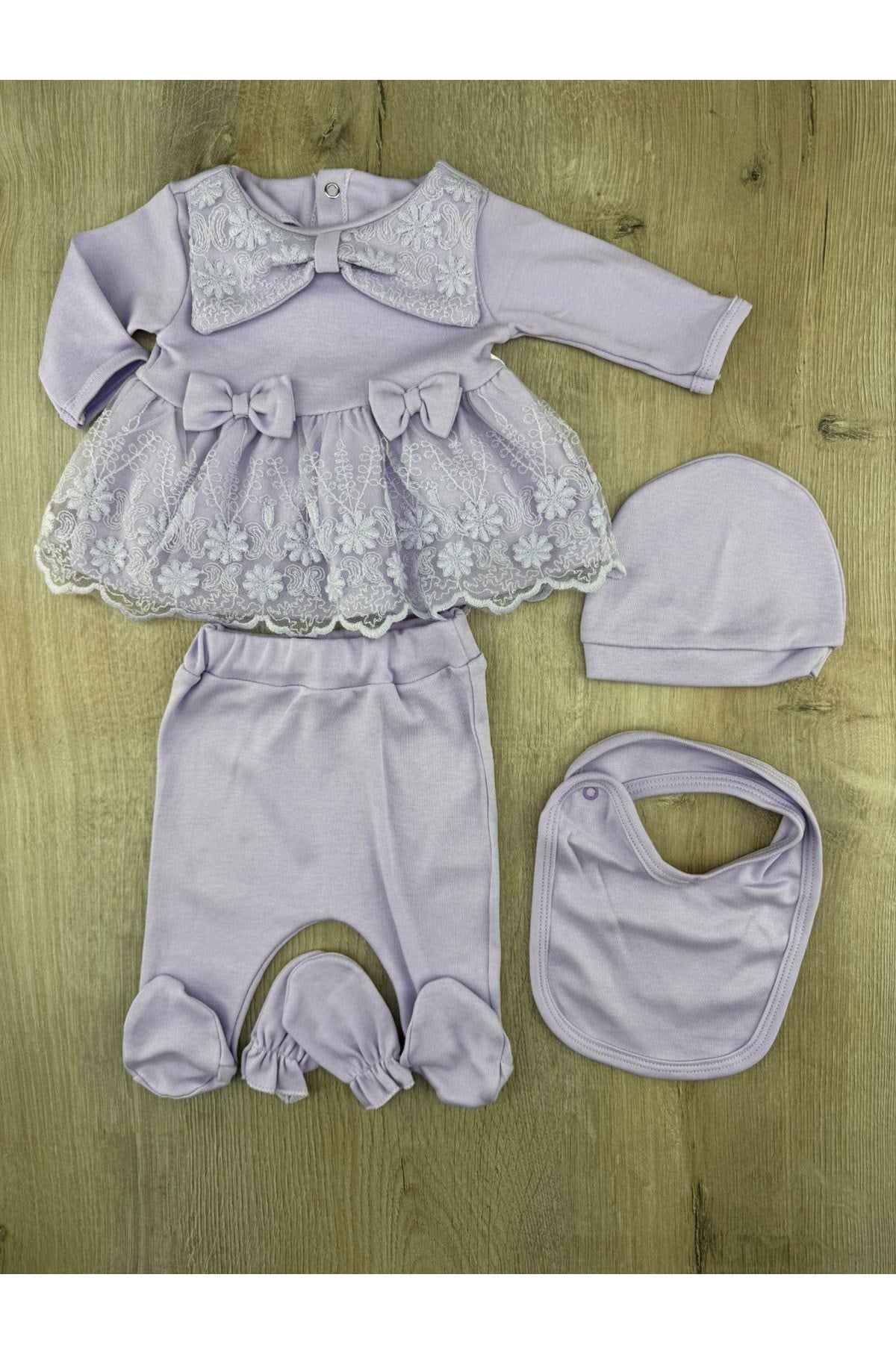 Nonna Baby (0-3 Ay) Çift Fiyonklu Güpürlü Zıbın Takımı