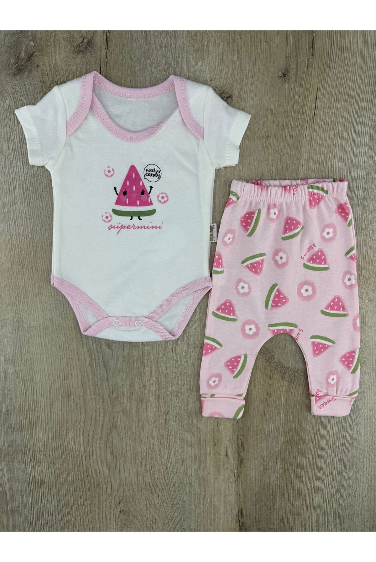 Süpermini (0-9 Ay) Pembe Karpuz Desenli Yarım Kollu Çıtçıtlı Badili Takım