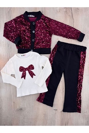 #360438 (3-10 Yaş) Pullu Fiyonk Desenli 3Lü Hırkalı Takım