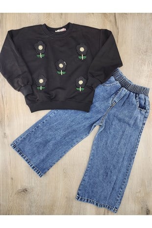 #360469 (6-10 Yaş) Papatya Desenli Kot Pantolonlu Takım
