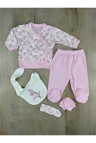 Babyim (0-3 Ay) 2336 Floral Yazılı Çiçek Desenli 5Li Zıbın Takmı