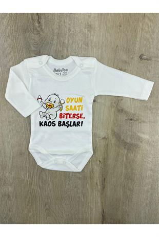 Babytoo (0-36 Ay) OYUN SAATİ BİTERSE KAOS BAŞLAR Desenli Uzunkollu Çıtçıtlı Badi