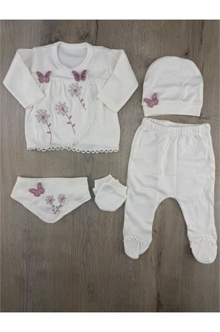 BabyZuhu (0-3 Ay) Kelebek İşlemeli 5 Li Zıbın Takımı